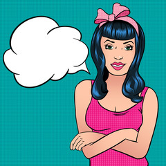 Pop Art illustration of woman crossed her arms with the speech bubble. Pop Art comic girl with speech bubble.