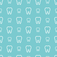 White teeth on blue background. Vector dental seamless pattern.