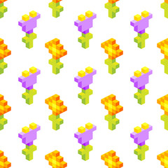 Seamless background of isometric flowers. Vector illustration in pixel-art style