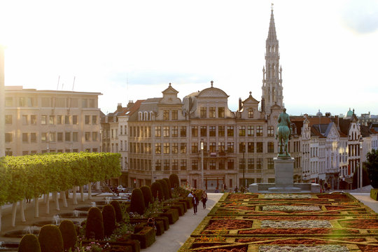 Cityscape of Brussels in a beautiful summer day at dusk. View of famous Kunstberg or Mont des Arts gardens, a hill that was converted into the gardens at the end of 19th century by king Leopold II.