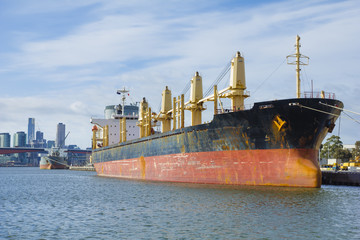 A large cargo vessel in the Port of Melbourne