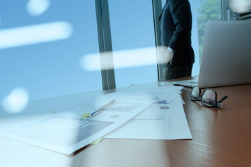 double exposure of business documents on office table with smart