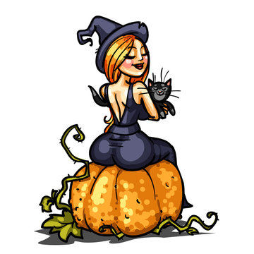 Sexy witch with cat sitting on a pumpkin 