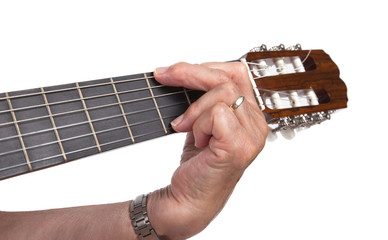 Old hand and guitar isolated