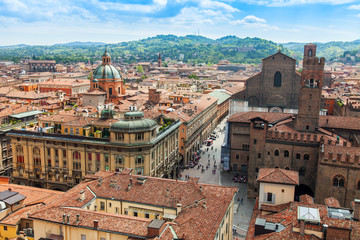 BOLOGNA, ITALY, on MAY 2, 2015. The top view on the old city  - obrazy, fototapety, plakaty