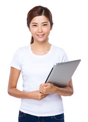 Woman hold with laptop computer