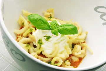Appetizer Bowl of Gazpacho with Fried Calamari squid and Basil M