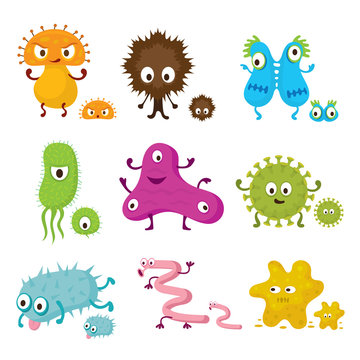 Cute Germ Characters Collection Set, Bacteria, Virus, Microbe, Pathogen 