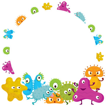 Cute Germ Characters Frame and Border, Bacteria, Virus, Microbe, Pathogen