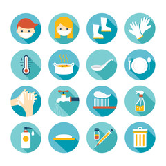 Health and Sanitation Flat Icons Set, Cleanness, Contagious Disease Prevention and Secure