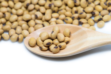 Soy beans on wood table spoon isolated