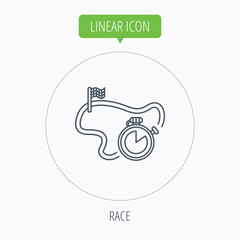 Race road icon. Finishing flag with timer sign.