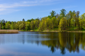 Picturesque pond in the Park of the Palace and Park ensemble of Oranienbaum, St. Petersburg, Russia.