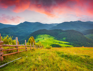 Colorful summer sunset in the Carpathian mountains