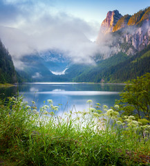 Foggy summer morning on the Vorderer Gosausee lake