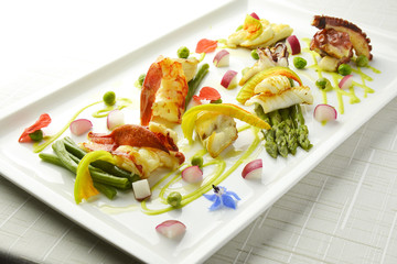 Braised Fish Dish Shrimp Lobster Scallop Squid Octopus Asparagus