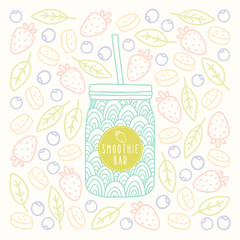 Mason jar with smoothie bar logotype on fruits and berrys