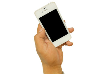 Hand holding Smartphone with blank screen isolated on white.