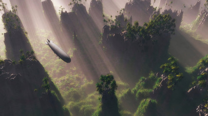 Airship flying over tropical mountain range with grass and palm - obrazy, fototapety, plakaty