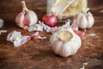 Garlic and onion organic herbs and spices on wooden background