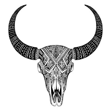 Decorative indian bull skull in tattoo tribal style.