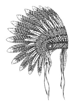 Native American indian headdress with feathers in a sketch style