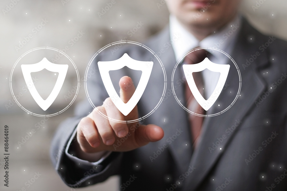 Poster businessman push web button with shield security virus