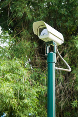 CCTV camera on green pole stand in the park