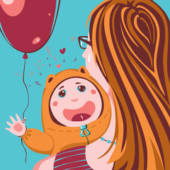 Child and  mother.  	
The child holds a red balloon.