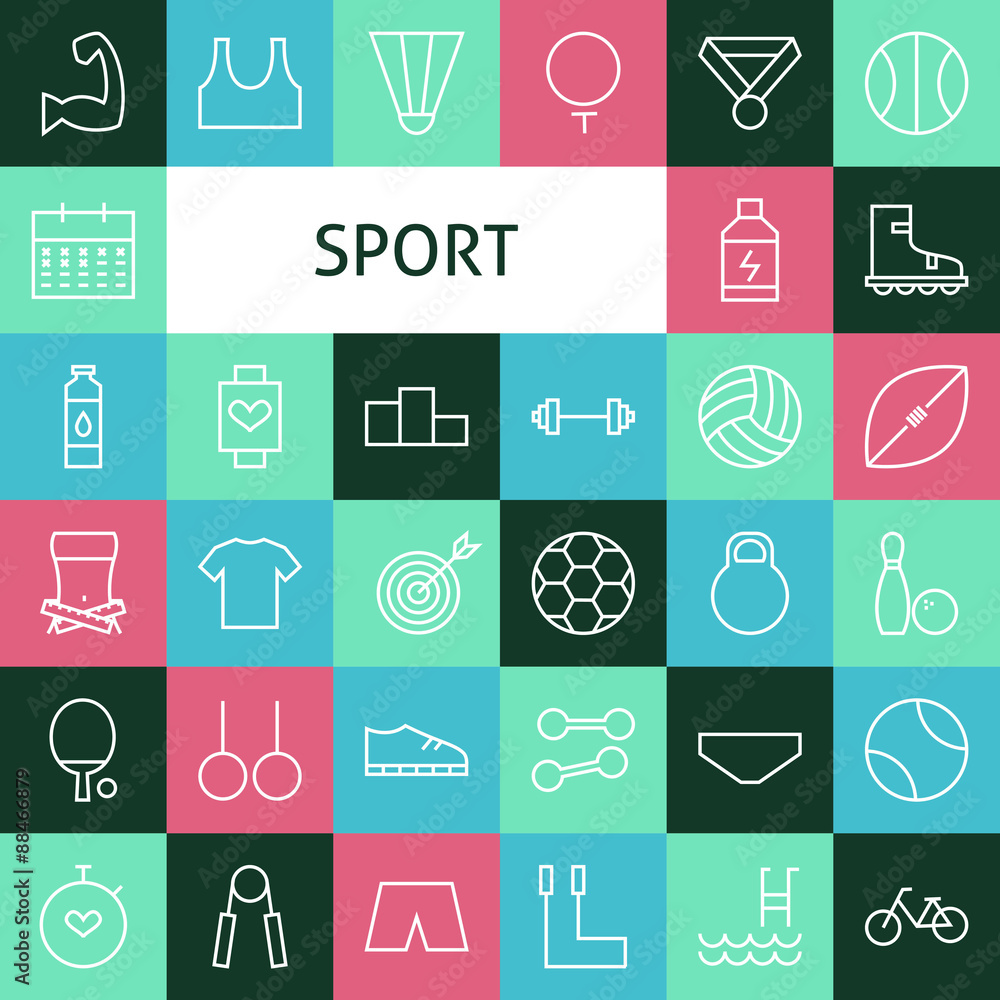 Sticker Vector Flat Line Art Modern Sports and Recreation Icons Set