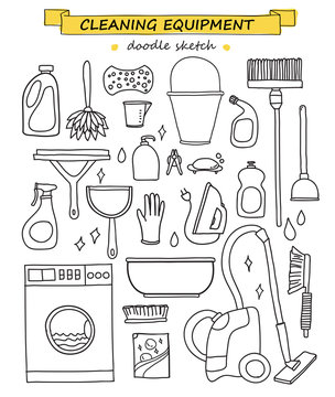 Vector Doodle Set Of Cleaning Tools.