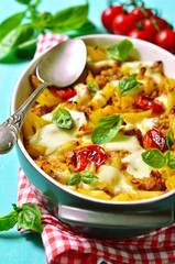 Baked pasta bolognese.