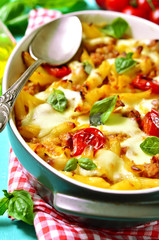 Baked pasta bolognese.
