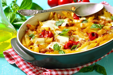 Baked pasta bolognese.