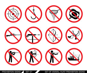 Set of animal hunt prohibition signs. Collection of signs that ban usage of animal hunt weapon. Prohibition signs. Signs of obligations. Signs of alerts. 