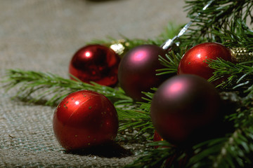 Christmas tree branch and Christmas toys background