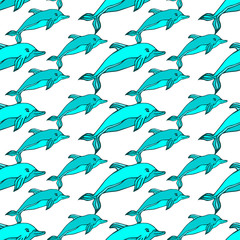 Seamless pattern with blue dolphins. Vector illustration