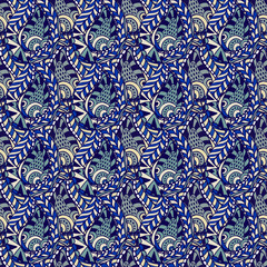 Vector seamless floral pattern with paisley lace. Abstract blue background.