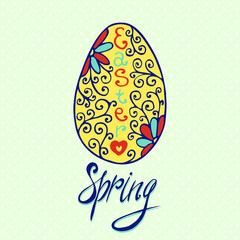 Easter egg card with floral hand drawn ornament. Vector use as greeting card, invitation.
