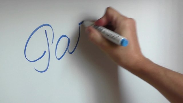Hand writing and erasing words part nine on white board with blue marker
