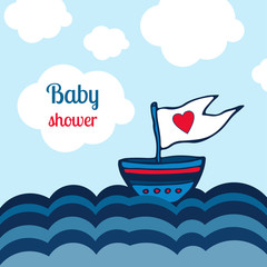 Baby shower card with ship, sea and clouds design. Vector kids toys illustration