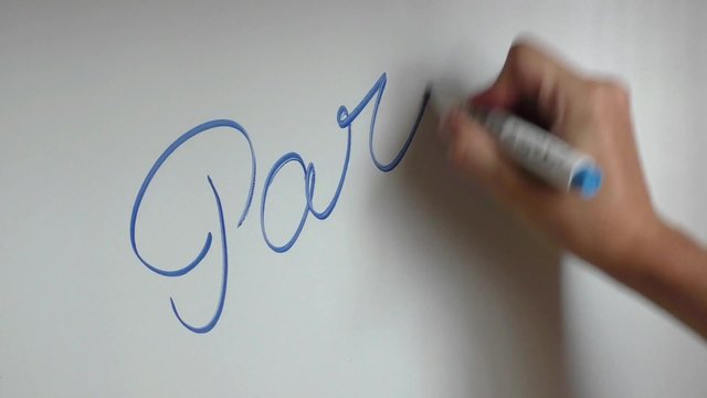 Hand writing and erasing words part two on white board with blue marker