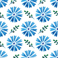 Seamless pattern with beautiful watercolor cornflowers. Blue flowers. Background for your design and decor.