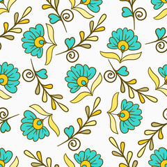 Seamless pattern with yellow and blue modern summer flowers. Vector endless floral texture. Seamless template can be used for wallpaper, pattern fill, textile, fabric, wrapping, backdrop for design