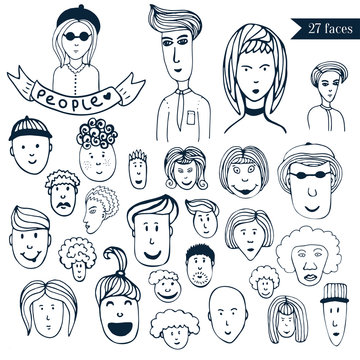  Hand-drawn people crowd doodle collection of avatars. 27 different funny faces.Cartoon vector set. People icons