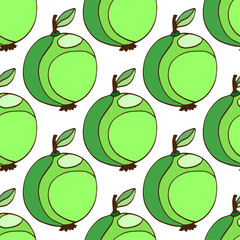 Seamless pattern of stylized green apples, vector hand drawn illustration. Green fruit background.