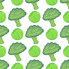Seamless pattern with cabbage and broccoli. Vector illustration with hand drawn healthy vegetable mix. Perfect for packaging, wrapping paper design