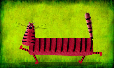 Long Striped Red Cat on Green Background