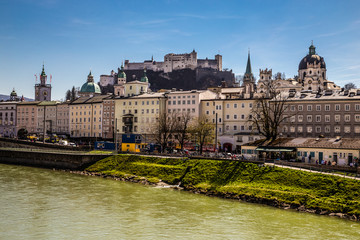 Salzburg skyline,fortress,Salzach river-Austria