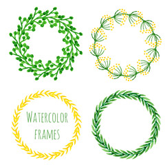 Watercolor wreath set. Floral round frame collection in green and yellow color. Hand painted wedding or greeting card, birthday, book or placard decoration. Vector isolated element